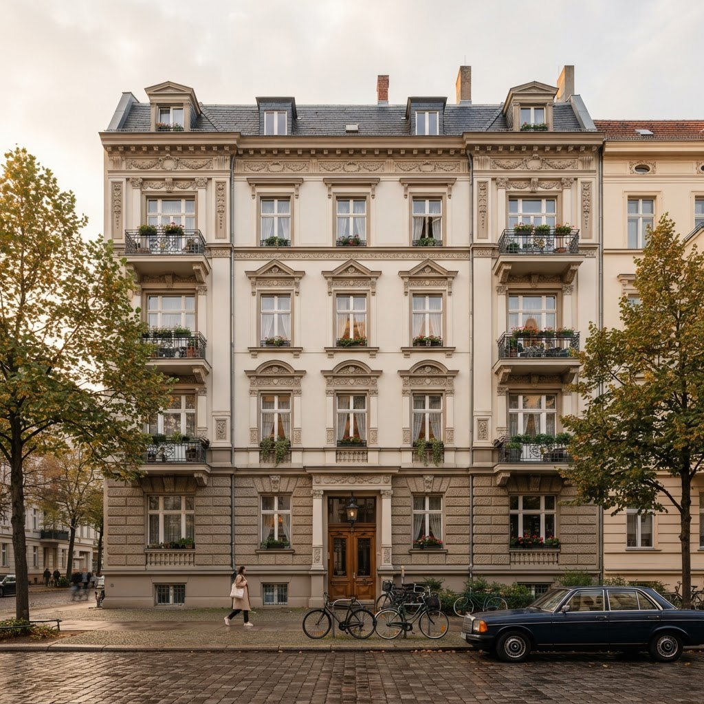 Klassische Altbaufassade eines Wohnhauses im warmen Nachmittagslicht